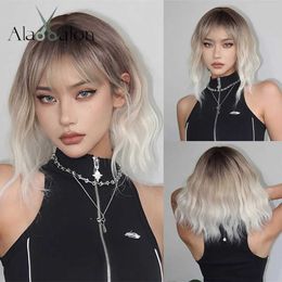 Synthetic Wigs ALAN EATON Ombre Light Blonde Short Wave Wig for Women Dark Brown Roots Blonde Bob Wig Synthetic Fake Hair with Bangs for Daily 240329