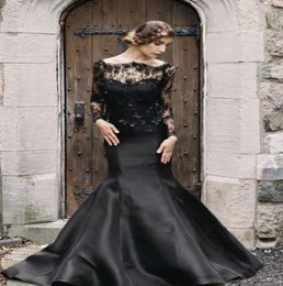 2020 Modern Black Gothic Wedding Dresses Mermaid Long Sleeves Lace Satin Flowers Colourful Bridal Gowns Non White Vintage Robe De M5184267