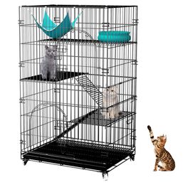 Cat Cages Indoor, 4-tier 53 Inch Collapsible Metal Kitten Ferret Cage 360° Rotating Casters Enclosure Pet Playpen with Ramp Ladders Hammock and Bed Black