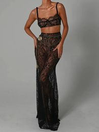 Mozision See Through Lace Two Piece Skirt Sets Women Crop Top And Maxi Skirt Sets Elegant Party Beach Sexy Two Piece Set 240313