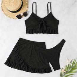 Women's Swimwear Women Bikini Set With Skirt Stylish Ruffle Hem High Waist Cover Up 3 Piece Swimsuit For Beachwear