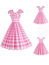 Casual Dresses Pink Plaid Dot Elegant Summer Dress Women 2024 Robe Pinup Vintage Flying Sleeve V-Neck Rockabilly Sweet Lady Party Office