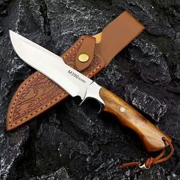 High Quality Straight Knife Fixed Blade Knife D2 Steel Satin Blade Wooden+Steel Handle Outdoor Survival Straight Hunting Knife & Leath Sheath