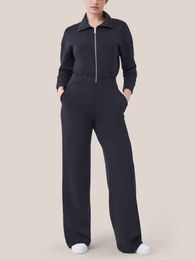 Designer women's sports suit 2024 New long sleeved wide leg jumpsuit with zipper flip collar hoodie set for women sports tracksuits women jogging sport suits 8WZ6