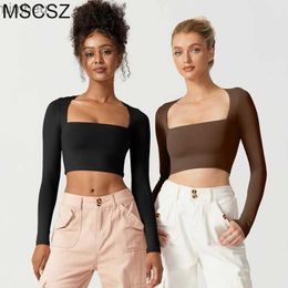 Women's T-Shirt Square Neck Long Sleeve Crop Top Woman 2024 Fashion Slim Fit Plain Cropped T-shirts White Black Cotton Tee Shirt Y2KC24319