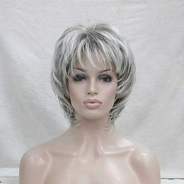 Synthetic Wigs HAIRJOY Synthetic Hair Wig Curly Pixie Cut Layered Haircut With Bangs Highlighted Balayage Grey Wig 240328 240327