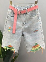 Women's Shorts Summer 2024 Colorful Personalized Ragged Edges And Perforated Denim Loose Casual Straight Button Middle Pants