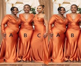 2023 Bridesmaid Dresses African Orange Plus Size Mermaid Nigeria Girls Summer Wedding Guest Dress Sexy V neck Long Maid of Honour G1565012