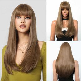 Synthetic Wigs Cosplay Wigs Light Brown Wig with Bangs Long Straight Wigs Brown Layered Cosplay Synthetic Natural Wigs Women Daily Lolita Fake Hair Fibre 240329