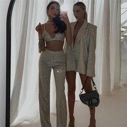 Womens Two Piece Pants European And American Instagram Style Camisole Vest Slim Fit Straight Leg High Waisted Sexy Sequin Jacket Suit