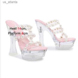 Dress Shoes Dress Shoes Slippers Sexy Women Pumps Fairy Style Pearl Sandals Waterproof Platform Fashion Models Club Crystal High Heels 14CM Summer K0C5 H240321