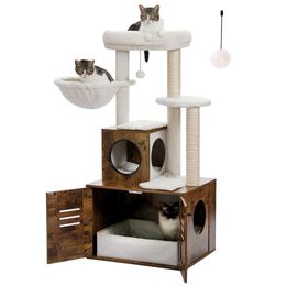 MUTTROS Litter Box Enclosure for Large Cats, Wooden Cat Furniture with Hammock and Perch