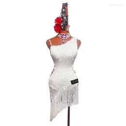 Stage Wear Latin Dance Competition Performance Dress Custom White Tassel Full Diamond Diagonal Shoulder