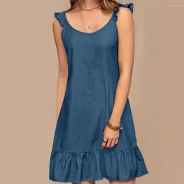 Casual Dresses Round Neck Dress Bohemian Summer Denim Style Sundress Fashion Women Sleeveless Ruffles Hem Beach Holiday