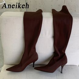 Boots Aneikeh 2024 Women's Fashion Sexy Spring/Autumn Elastic Fabric Pointed Thin Heel Sewing Over Knee Stretch Boots Party Ball 3539