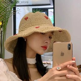 Wide Brim Hats Bucket Hats Summer womens sun hat womens beach hat heart-shaped womens Str hat crochet hat Panamas UV protective sun hat Y240319