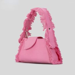 Evening Bags Denim Canvas Underarm Bag Women's Senior Sense Plush Edge Tassel Handbag Niche Design Hand Small Tote Purses 2024