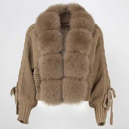 Wholesale Custom Soft Wool Blend Knit Coat Big Real Fox Fur Collar Warm Luxury Fall Cropped Women Cardigan Crochet Sweater