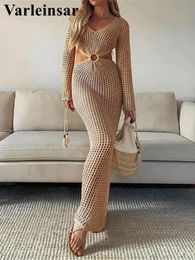 S - XL Long Sleeve Hollow Out Crochet Knitted Tunic Beach Cover Up Cover-ups Beach Dress Beach Wear Beachwear Female Women V5322 240313