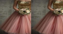 Vintage Gold Sequins Bridesmaid Dresses A Line Tea Length Blush Pink Tulle Cocktail Length Short Bridesmaid Gowns7400195