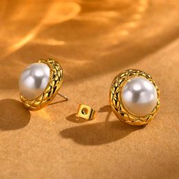 Stud Earrings Women Girls Dainty Big Round Gold Plated Chic Streetwear Ear Jewellery Simulated Pearl Accessory Earring