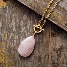 Pendant Necklaces Classic Rose Quartzs Teardrop Lariat Gold Plated Chain Healing Stone Necklace Elegant Jewellery Wholesale Drop