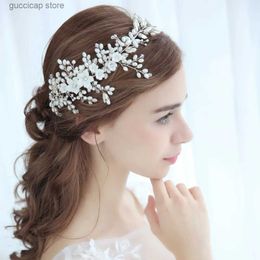 Tiaras Bridal Flower Headband Pearl Crystal Wedding Hair Vine Bridal Headpiece Hair ornaments Women Silver Colour Wedding Hair Jewellery Y240319