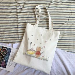 Shopping Bags Ladies 2024 Cartoon Bear Print Canvas Shoulder Bag Fashion Cotton Eco-friendly Handbag A