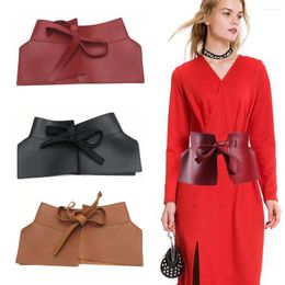 Belts French Retro Bow Tie Wide Waistband Women Solid Leather Cumber Bands Accessories Colour Waist Versatile Fashion Be B0B7