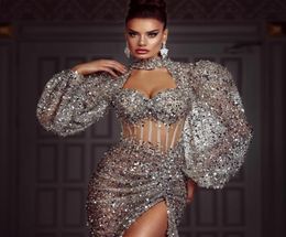 Stunning Silver Sequined Evening Dresses Long Sleeves Mermaid Prom Gowns Side Split Exposed Boning Custom Made Sexy Party Dress4373809