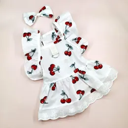 Dog Apparel Sleeves Pet Outfit Stylish Cherry Print Dress With Headgear For Cats Dogs Summer Vest Skirt Small