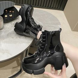 Boots Retro Rome Women Platform Motorcycle Boots Thick Bottom Non Slip Chunky Combat Booties Woman 8CM Heels Punk Ankle Botas Mujer