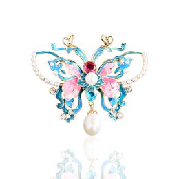 Women's Elegant Brooch with Hand-Painted Butterfly and Pearl Pendant