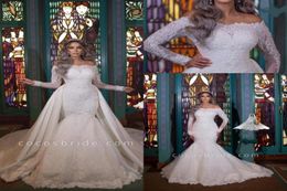 2023 Lace Mermaid Wedding Dresses Bateau Neck Long Sleeves Tulle Lace Applique Sweep Train Bridal Gowns With Detachable BC14759 GB6585235