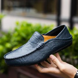 Shoes Summer Fashion Men Loafers Italian Casual Luxury Brand Men Shoes Genuine Leather Moccasins Light Breathable Slip on Boat Shoes