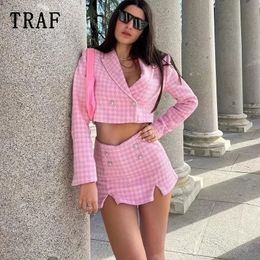 TRAF Women Suits With Skirt Sets Pearl Button Cropped Blazer Woman 2 Pieces Plaid Jacket Suit Mini Skirts Female Set 240313