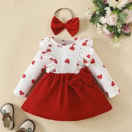Girl Dresses Baby 2Pcs Spring Outfits Long Sleeve Heart Print Side Bow Dress With Headband Set Toddler Clothes