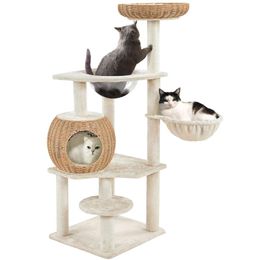 Yaheetech Tree, 54in Rattan Tree Tower with Clear Bowl, Woven Condo, Washable Cushions, and Scratching Posts, Cat Furniture for Indoor Cats, Beige