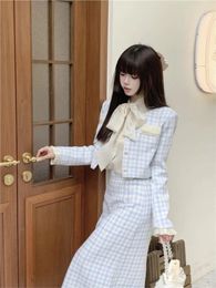 Work Dresses High Quality French Vintage Tweed Two Piece Set Women Short Jacket Coat Midi Skirt Suits Office Ladies 2