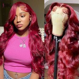 Synthetic Wigs Synthetic Wigs Colored Burgundy 13X6 HD Lace Frontal Wigs Red Body Wave 13X4 Lace Front Wigs Human Hair 30 34 Inch Lace Front Wigs Curly Hair 240329