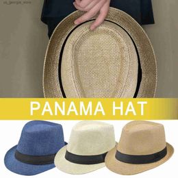 Wide Brim Hats Bucket Hats Mens Str hat wide Brim Str mens summer hat beach breathable sun hat vintage mens Panama hat western denim D3U6 Y240319