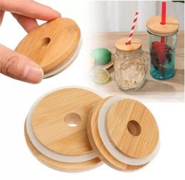 Factory Bamboo Cap Lid Reusable Wooden Mason Jar Lids 70mm with Straw Hole and Silicone Seal Drinkware for Canning Drinking Jars T8502624