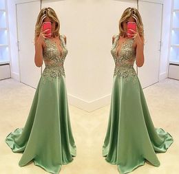 Prom Dresses Plunging V Neck Olive Green Satin Lace Appliques Beaded Illusion Long Evening Gowns Wear Plus Size Formal Party Dress4957535