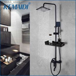 Bathroom Shower Heads KEMAIDI matte black rain shower faucet set with single pole bathtub shower mixer faucet and storage rack shower mixer faucet Y240319