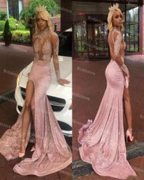 Sparkly Pink Sequin Mermaid Evening Dress 2021 See Through Top Lace Open Back African Long Sleeve Prom Dresses With Slit Black Gir5366408