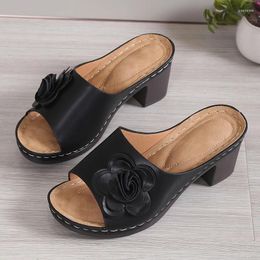 Slippers Flower Mid Heels Women Summer Outdoor Slides 2024 Chunky Fashion Comfort Flip Flops Walking Pumps Slingback Sandals