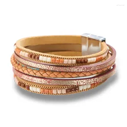 Link Bracelets Fashion Pu Leather Braided Multi Layers Bohemian Beads Handmade Magnetic Clasp Wrap Women Teenager Girls Bracelet Jewellery