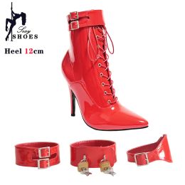 Boots Lady Sexy Pink Fetish Zip Ankle Boots T Show Pointy Toe Lock Belt Club Party Shoes Thin High Heels Laces Boots For Women