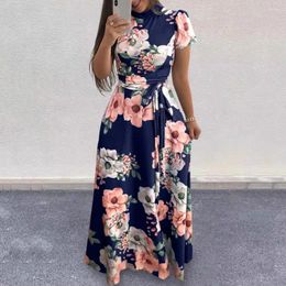 Casual Dresses Tight Waist Dress Floral Print Maxi With Mock Collar Belted Women's A-line Swing For Summer Spring Ankle