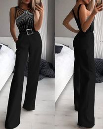 Sexy Bodysuits Female Black Mock Neck Mesh Sequins Sleeveless Jumpsuits Outfits Elegant Jumpsuit Womens Evening Jumpsuits 240306